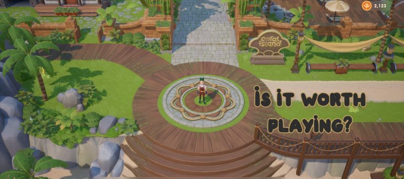 An image of the player standing near Coral Island's welcome sign.