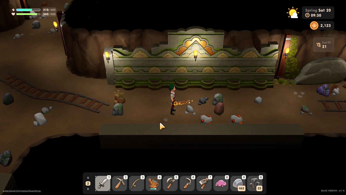 An image of the player holding a flaming sword while exploring the mines.