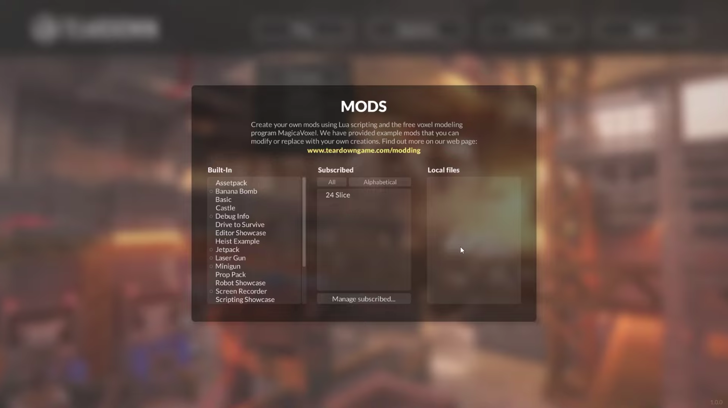 the Mods screen in Teardown