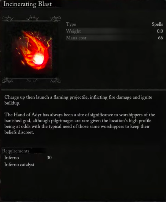 The details of the Incinerating Blast spell.