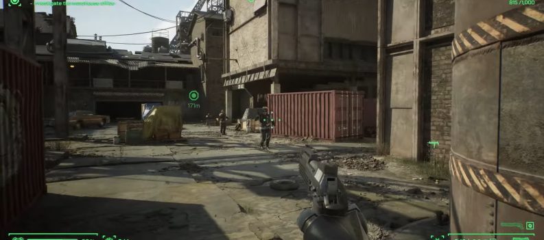A screenshot of RoboCop firing at thugs.