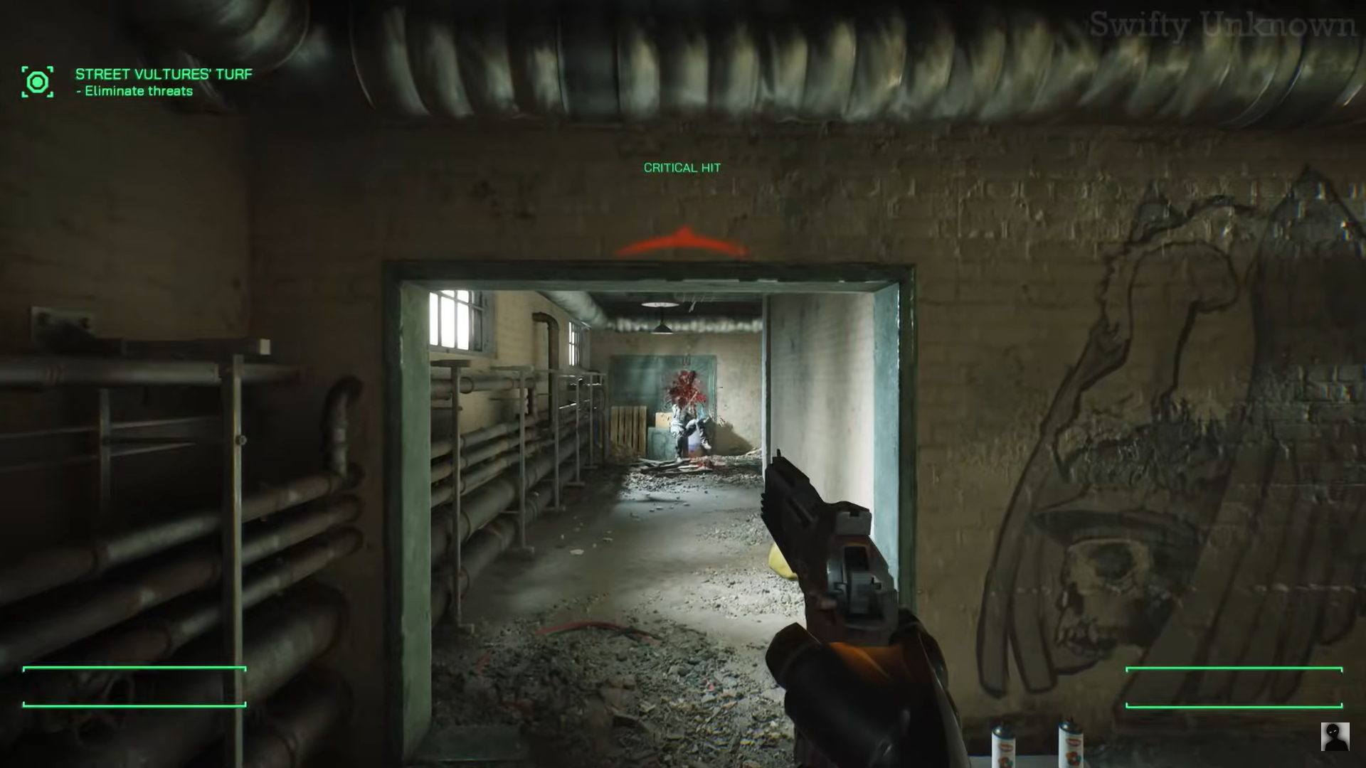 A screenshot of RoboCop shooting down thugs in RoboCop: Rogue City. 