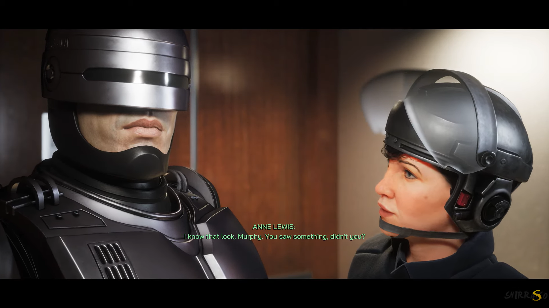 A screenshot of Anne Lewis and RoboCop in a cutscene. 