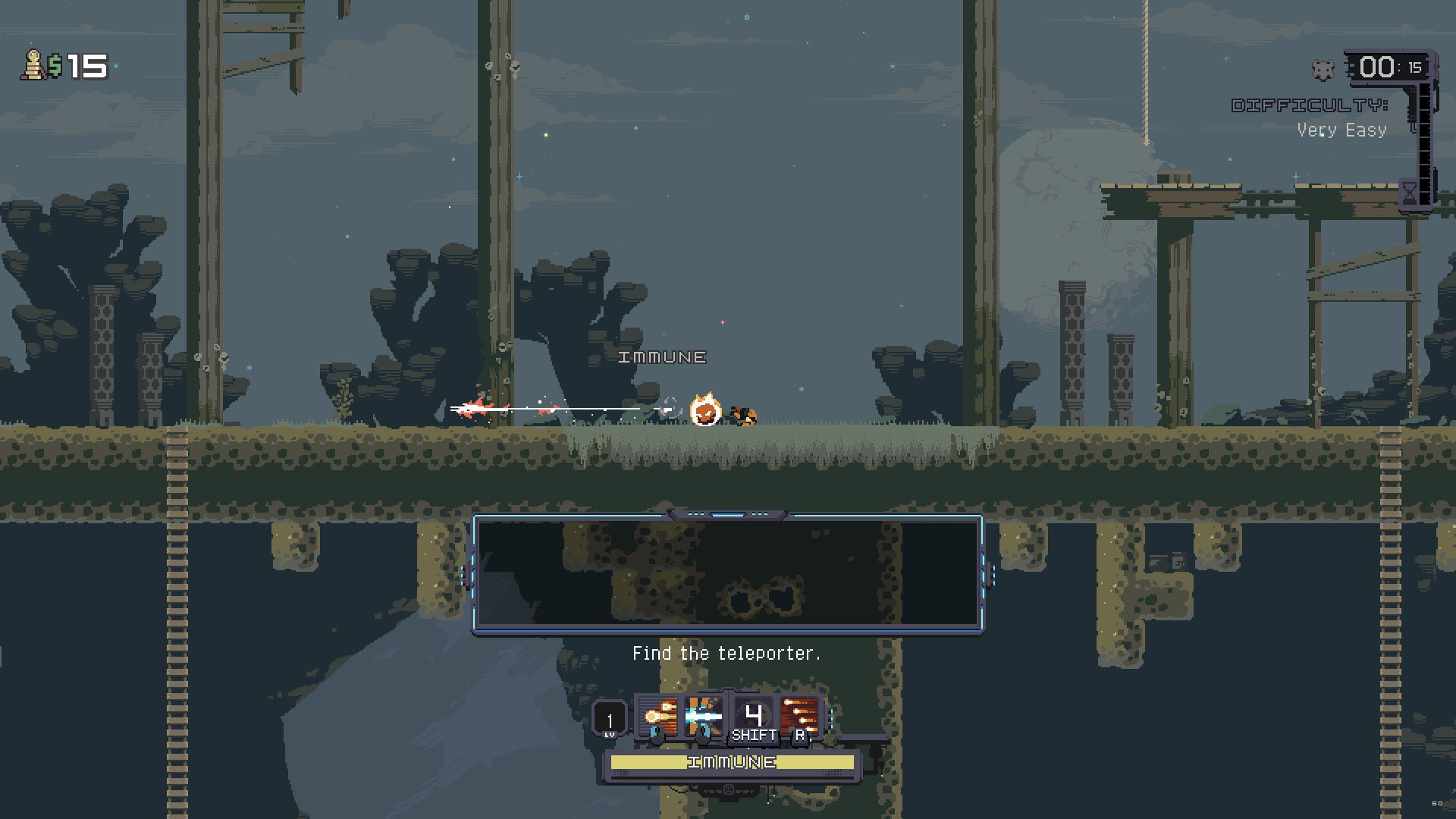 A screenshot of the Commando successfully dodging an enemy attack. 
