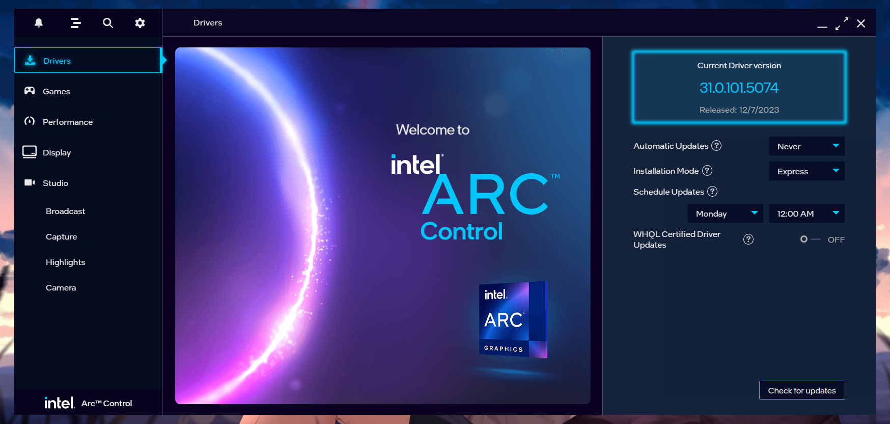 A screenshot of up-to-date drivers for Intel Arc.