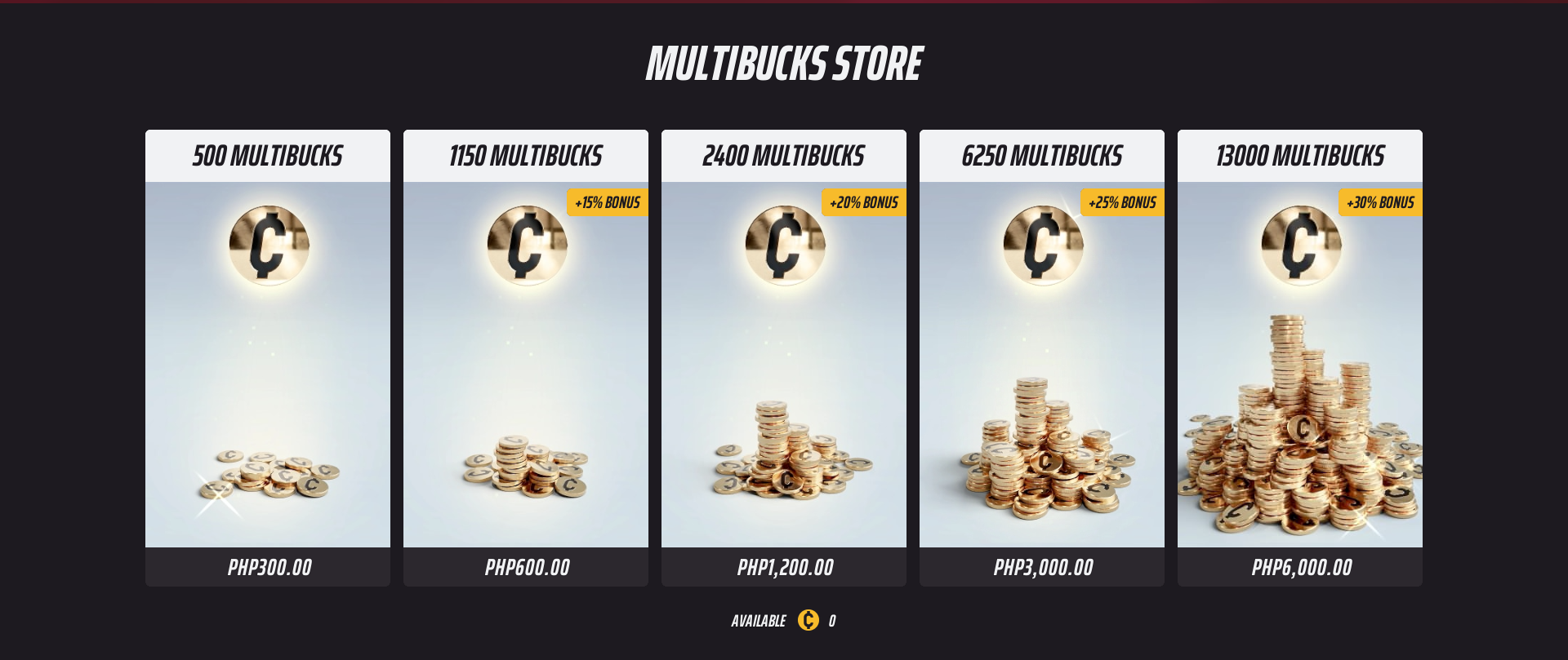 A screenshot of the five Multibucks bundles in The Finals. 