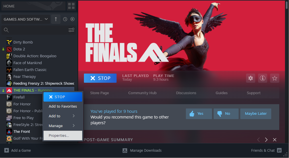 A screenshot of The Finals Properties option on Steam. 