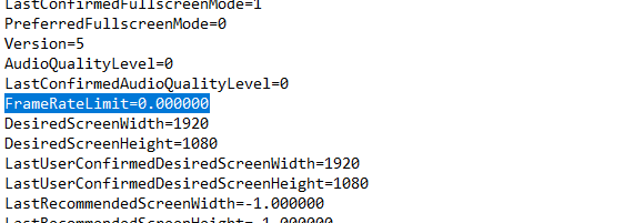 A screenshot of the FrameRateLimit string in the GameUserSettings file for The Finals. 