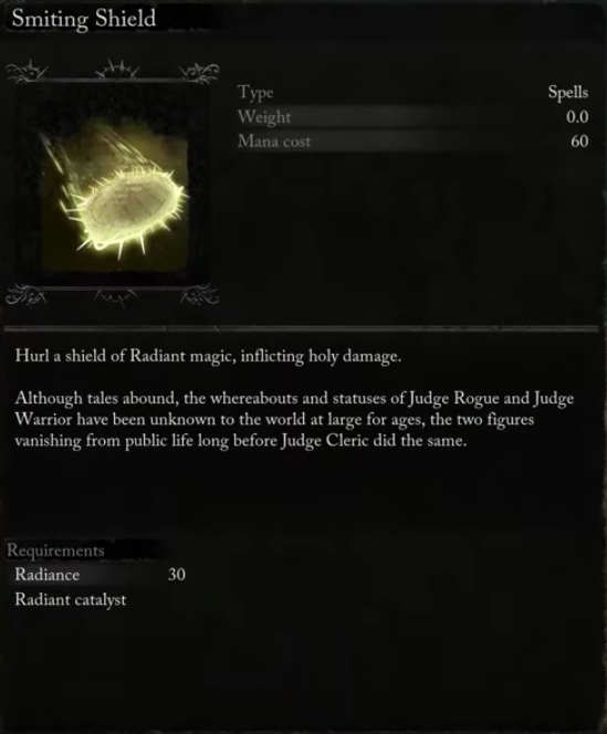The details of the Smiting Shield spell.