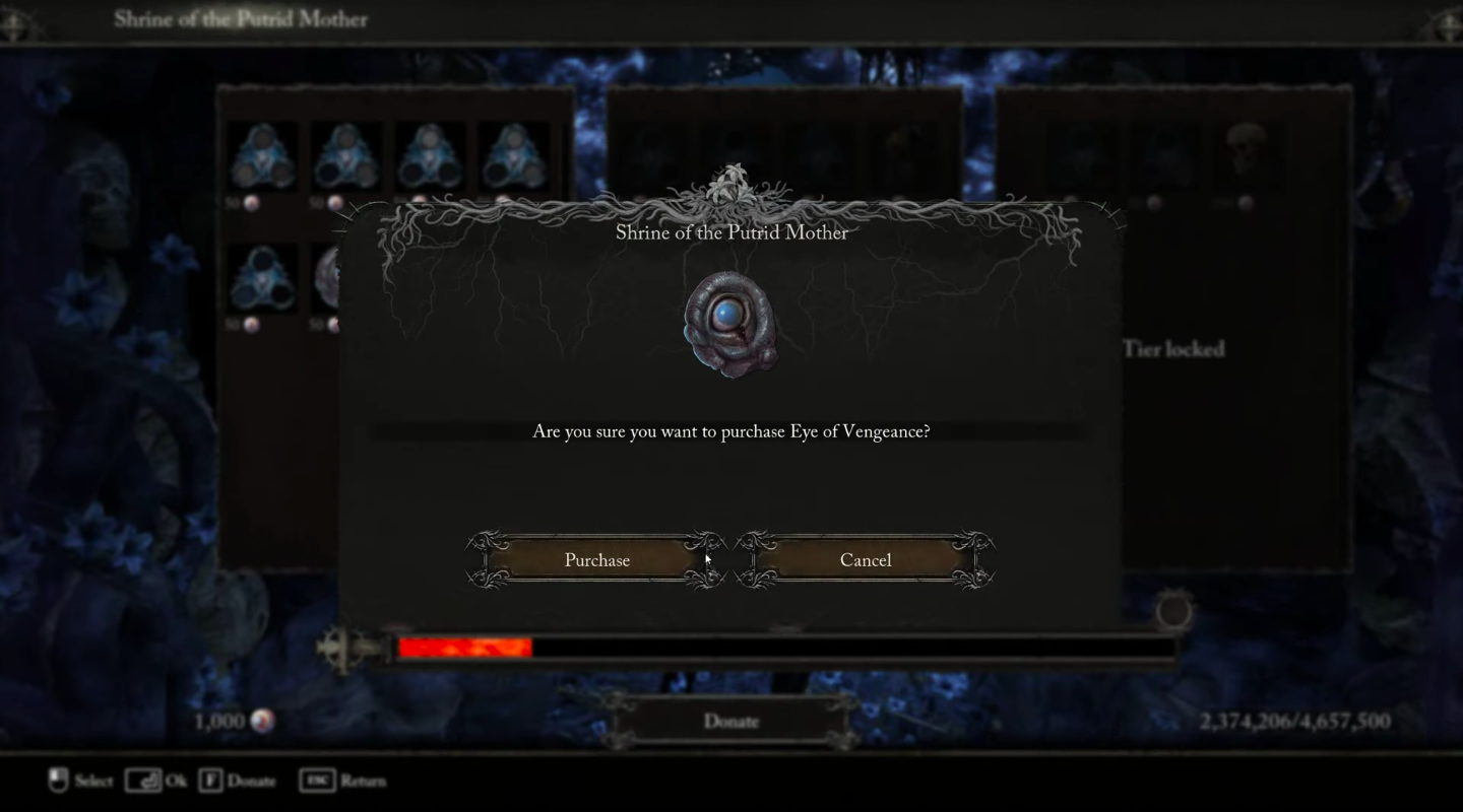 The player buying a Eye of Vengeance.