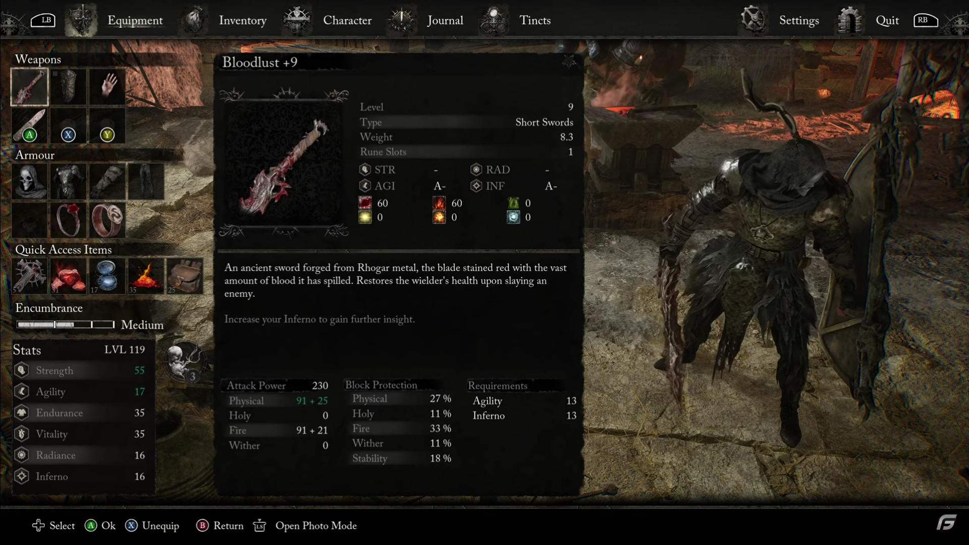 A screenshot of the short sword, Bloodlust, in Lords of the Fallen.