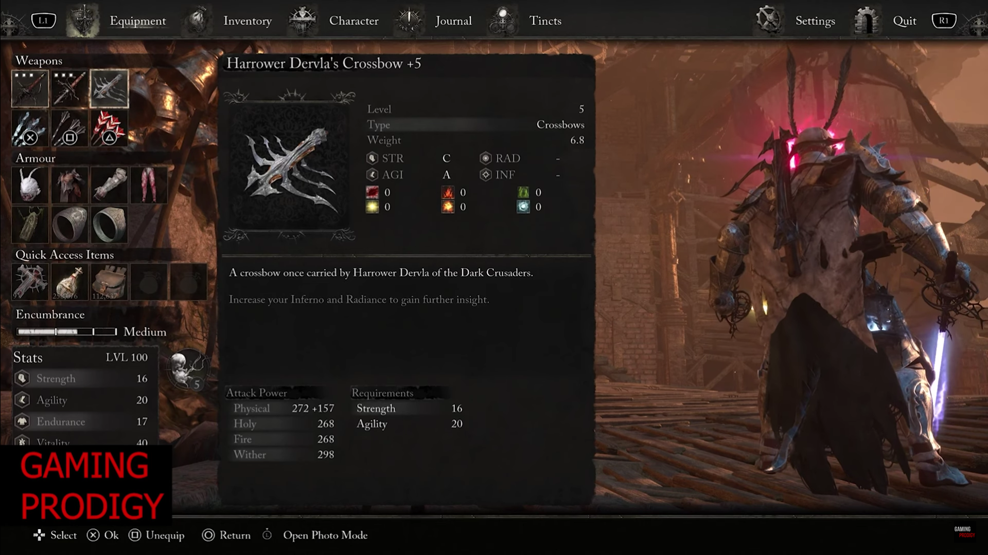 A screenshot of the Harrower Dervla's Crossbow in Lords of the Fallen.