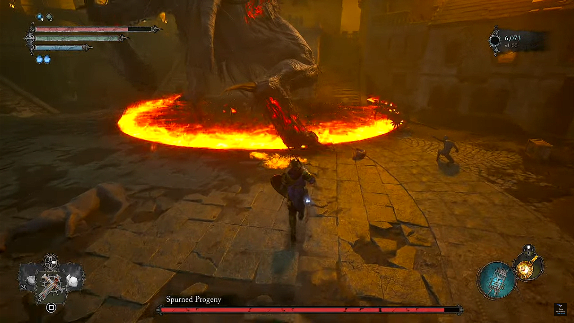 A screenshot of the Spurned Progeny phase one boss fight in Lords of the Fallen.