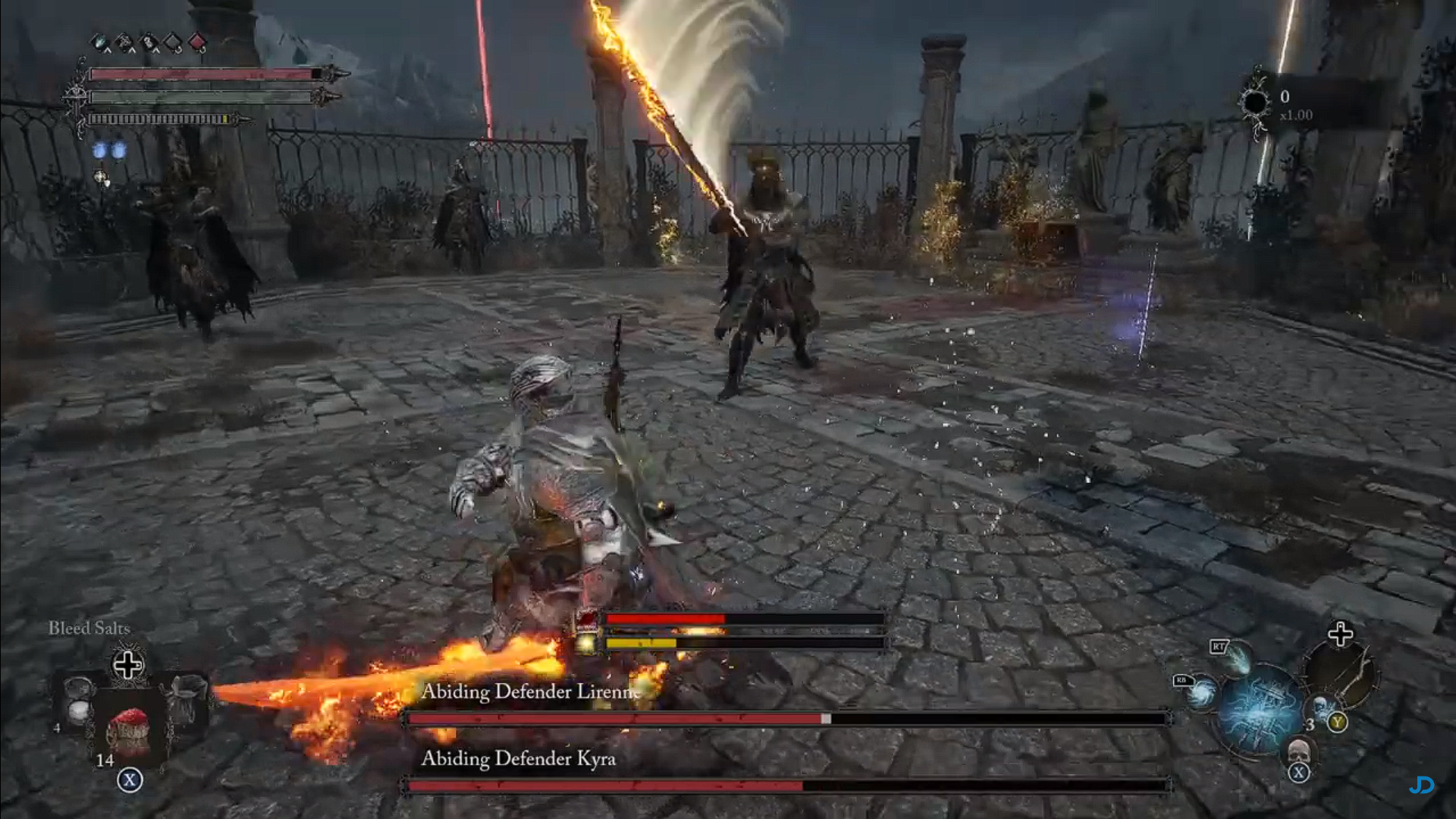 A screenshot of the Abiding Defenders boss fight in Lords of the Fallen.