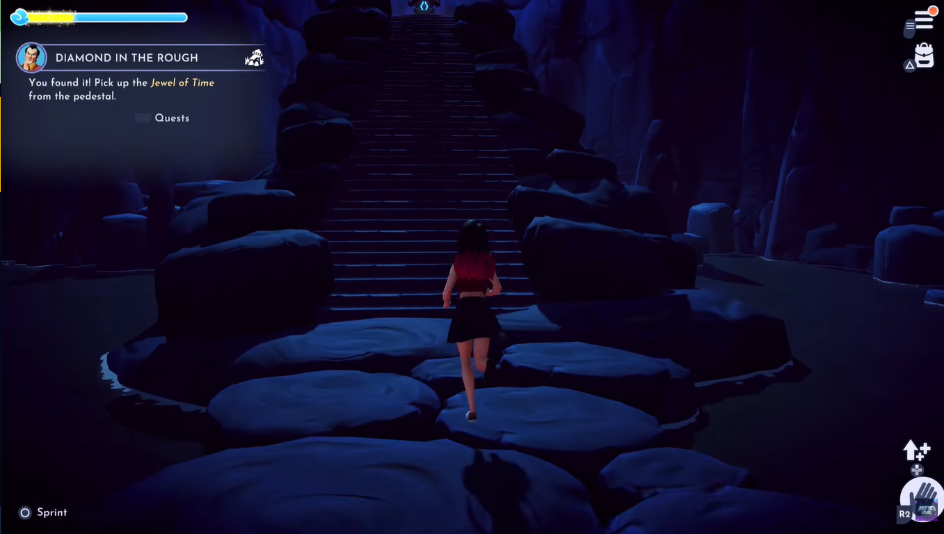 A screenshot of the player heading towards the stairs.