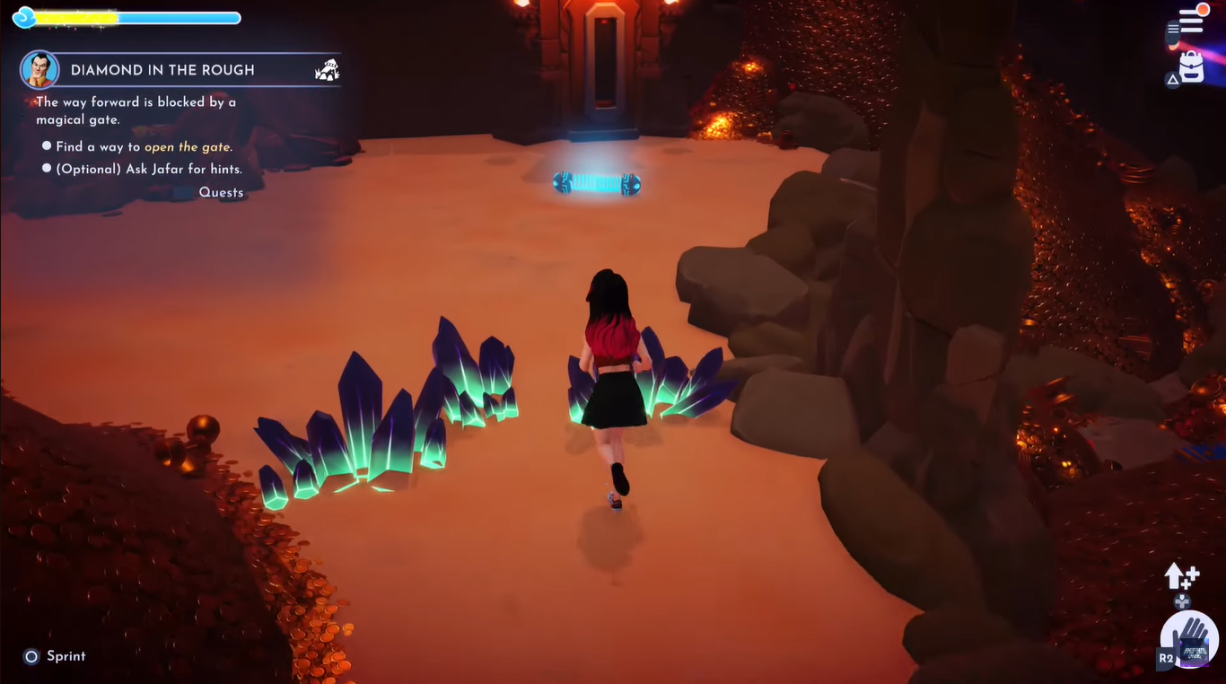 A screenshot of the player walking towards a wall of crystals.