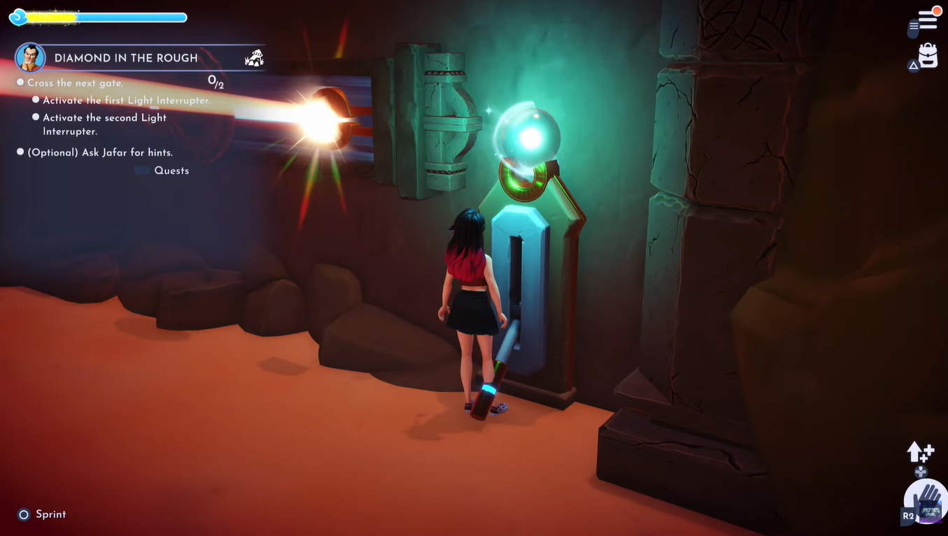 A screenshot of the player pulling the lever to refract the direction of the light beam.