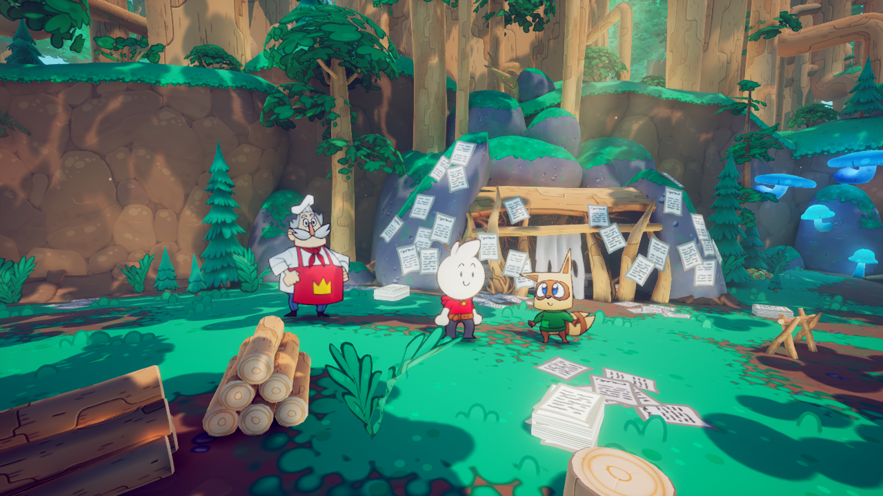 A screenshot of Loaf, Papa Baker, and Lint in the forest area in Born of Bread.