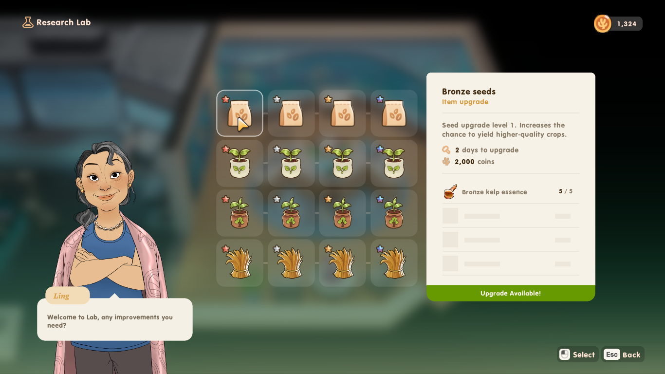 A screenshot of the player upgrading their seeds in Ling's Research Lab.
