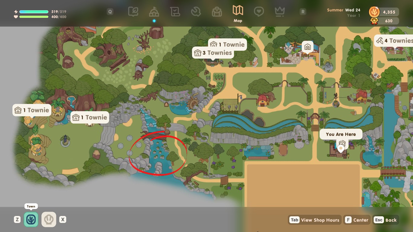 A screenshot of the Starlet Town map in Coral Island.