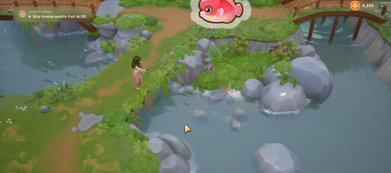 A screenshot of the player fishing in the river on Coral Island.