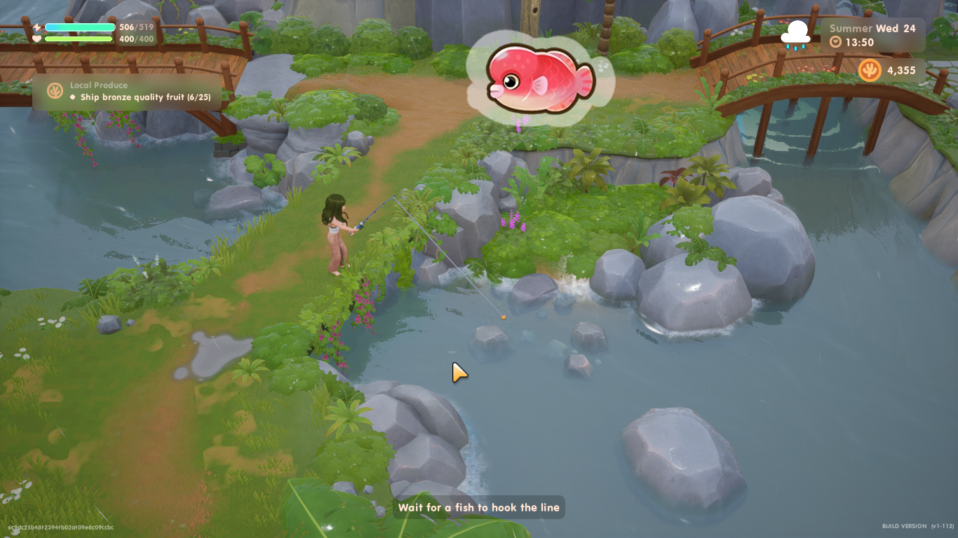 A screenshot of the player fishing in the river on Coral Island.