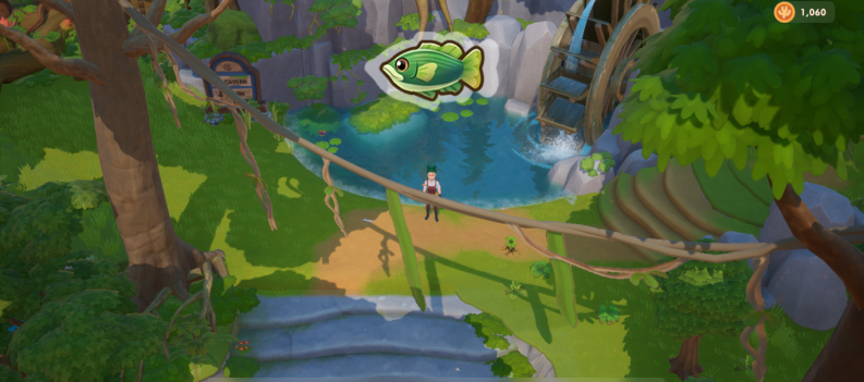 A screenshot of the player lingering in the forest. An icon of the giant sea bass can be seen above her head.