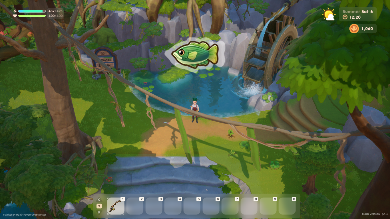 A screenshot of the player lingering in the forest. An icon of the giant sea bass can be seen above her head.