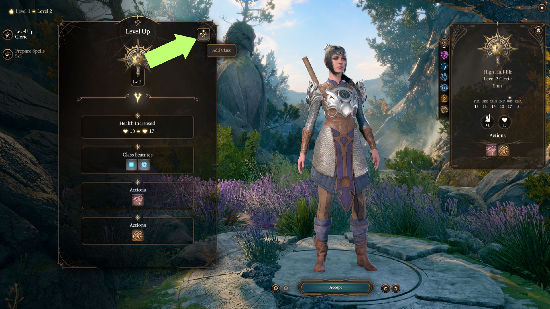 A screenshot showing the Add Class button in the level up menu. 