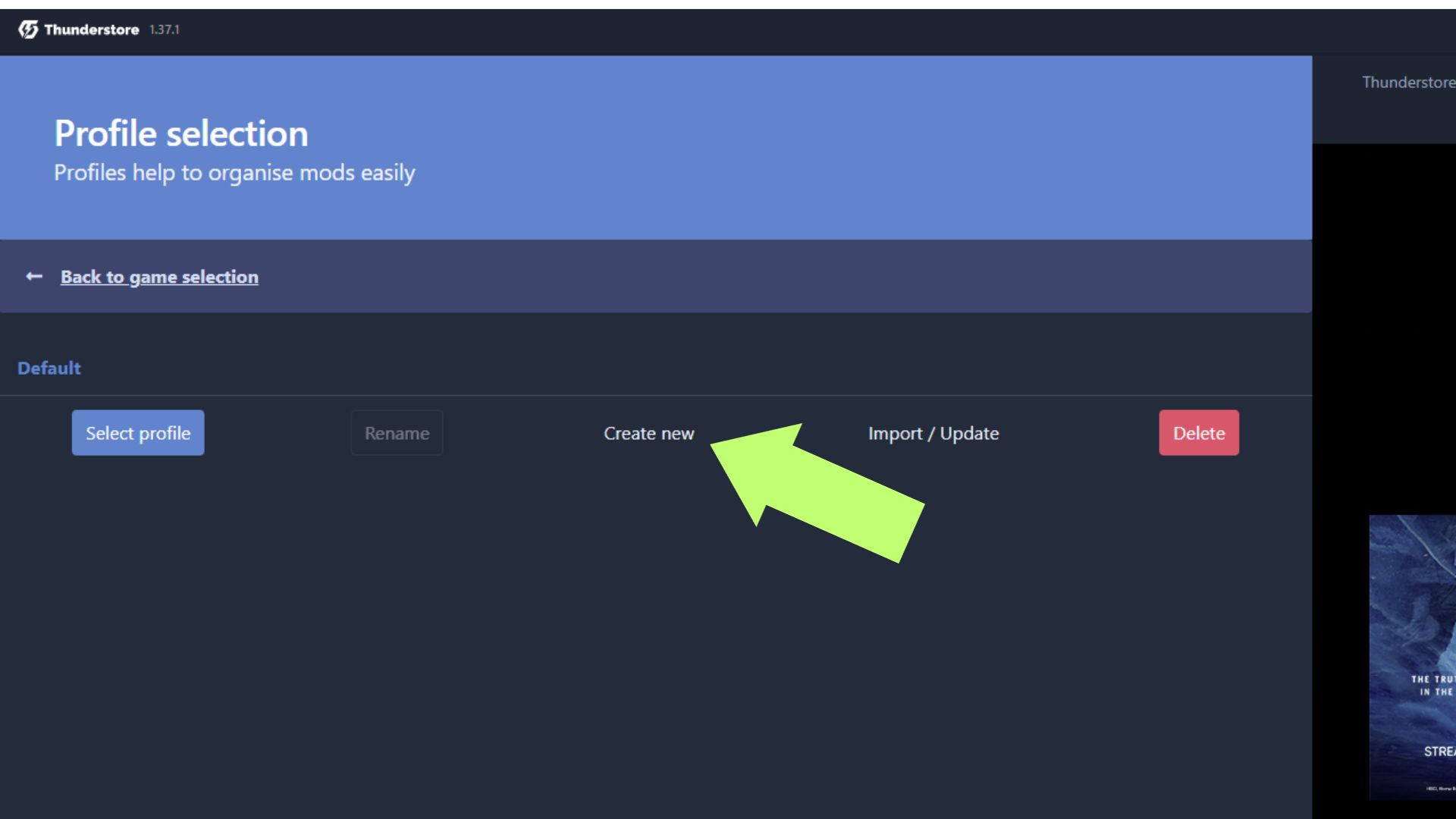 A screenshot of the Create new button on the Thunderstore.io mod manager. 