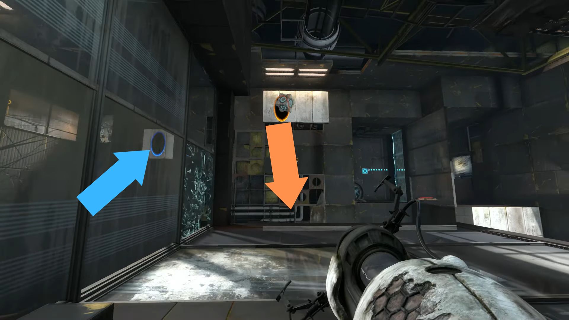 A screenshot of blue and orange portals in Chamber 14. 