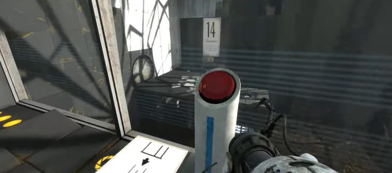 A screenshot of a red button in Portal: Revolution.