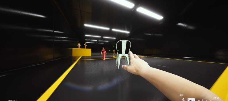A screenshot of the Light Build throwing a chair onto a range target.