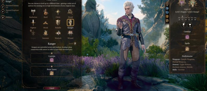 A screenshot of the level up menu in Baldur's Gate 3.