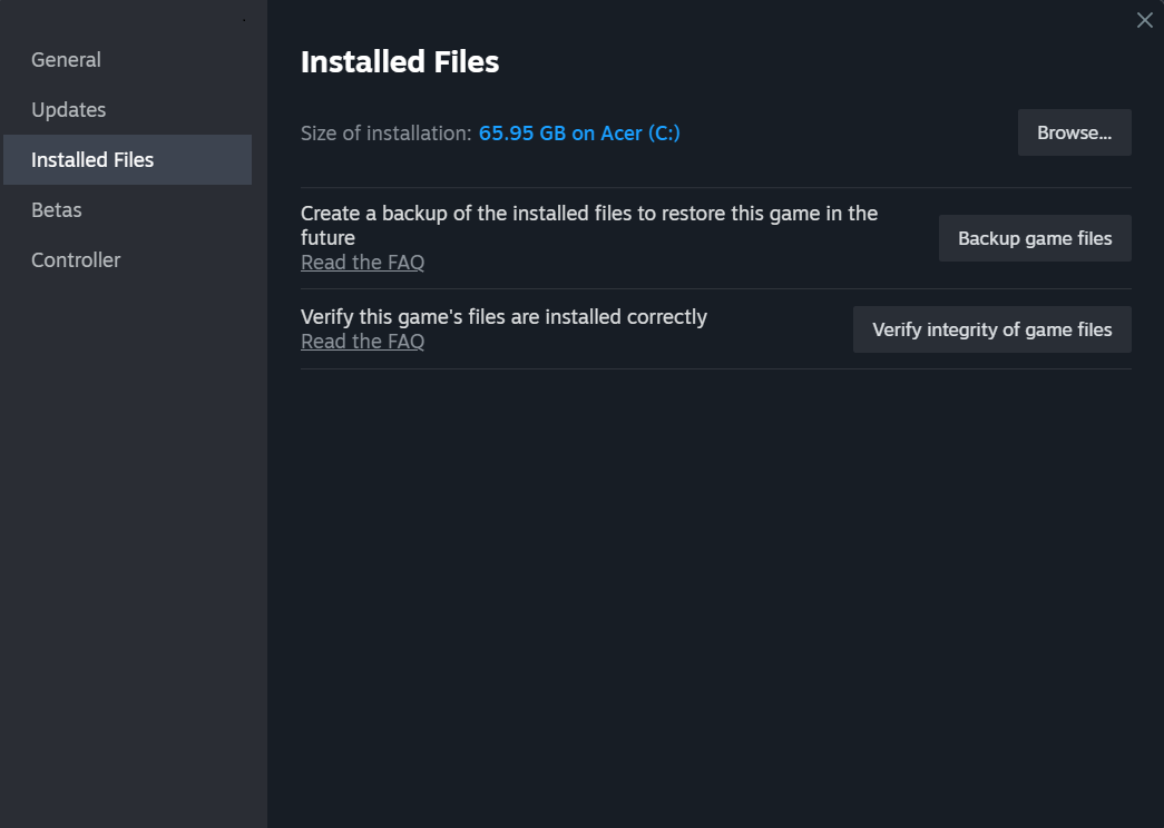 A screenshot of the Installed Files tab in Steam.