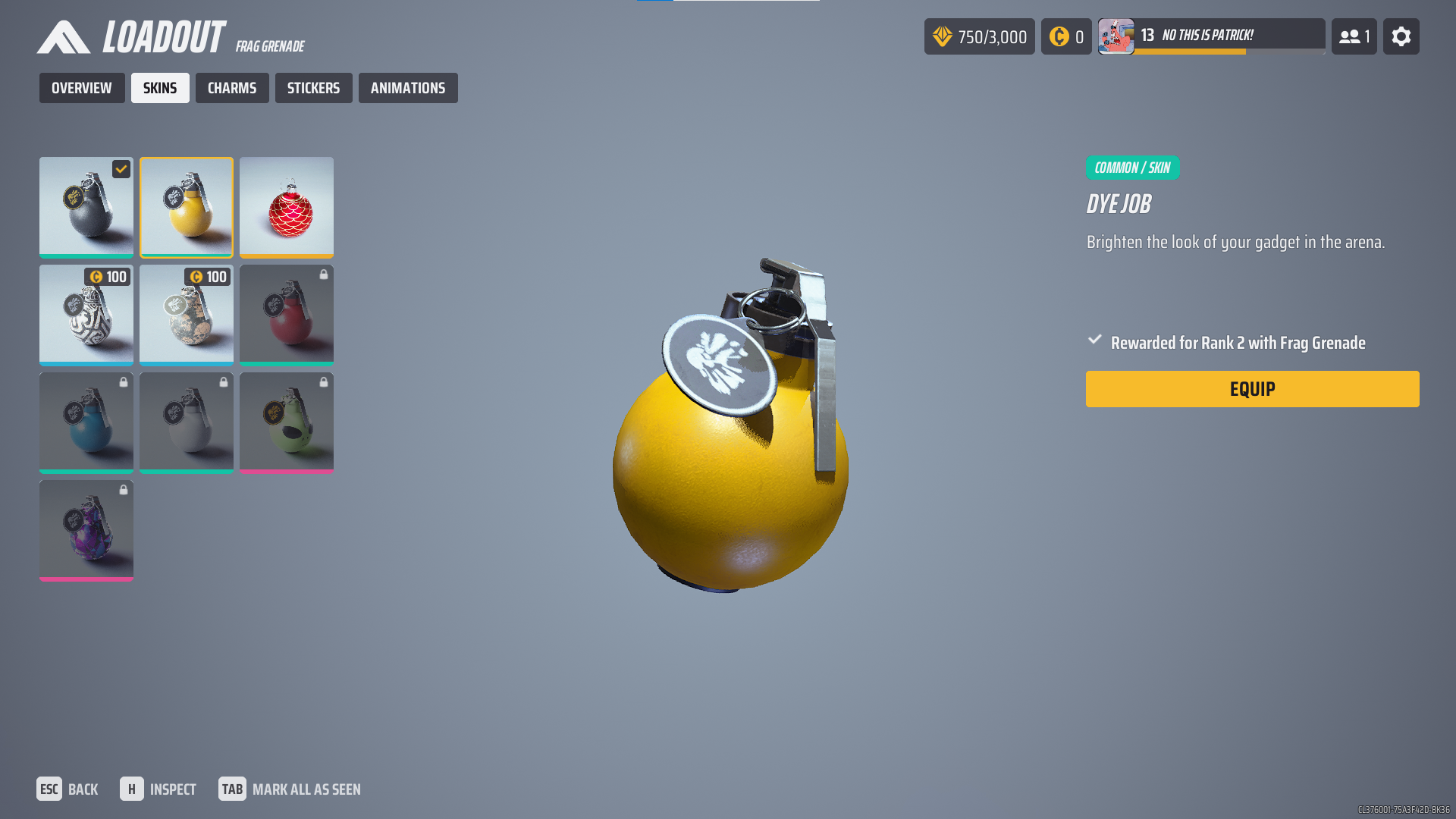 A screenshot of the Yellow skin for the Frag Grenade in The Finals. 
