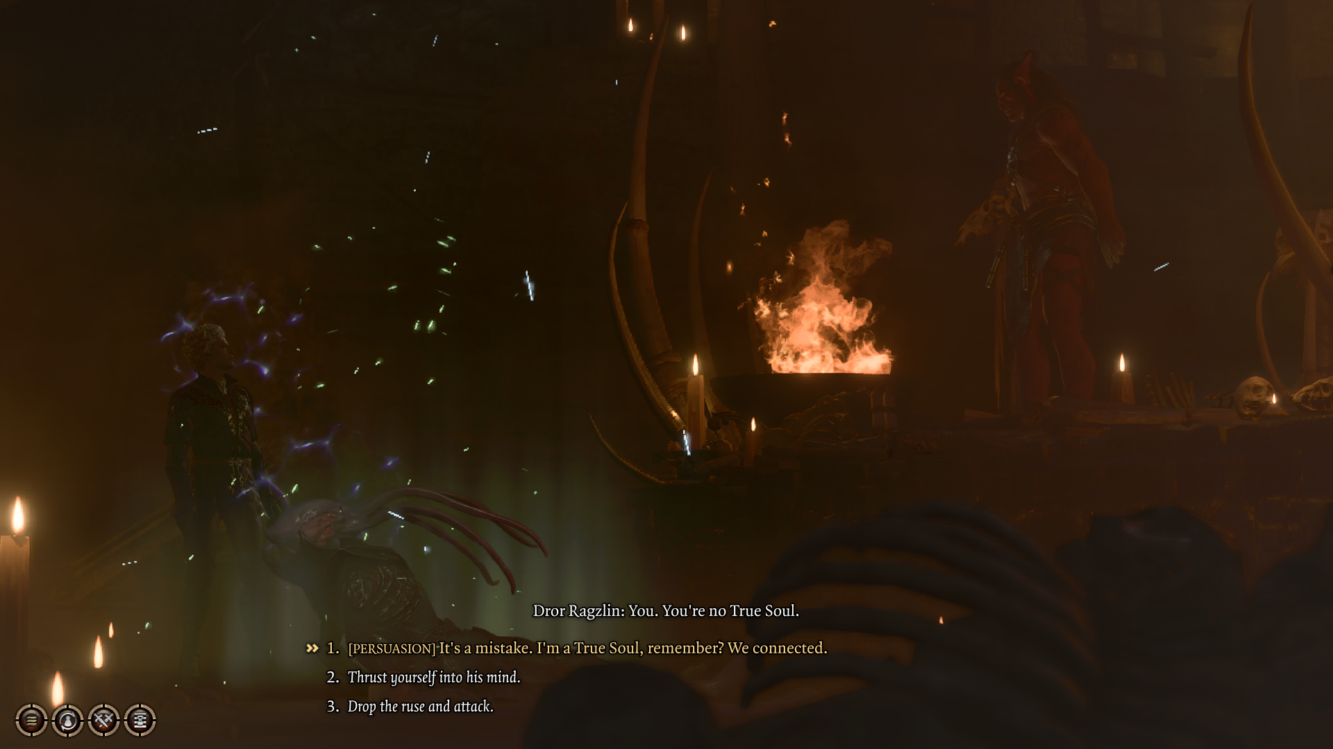 A screenshot of a conversation between Astarion and Dror Ragzlin in the Shattered Sanctum. 