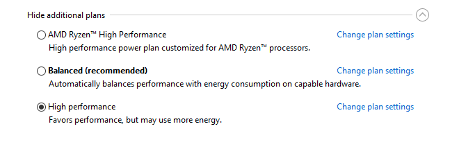 A screenshot of the High performance Power Plan in Windows. 
