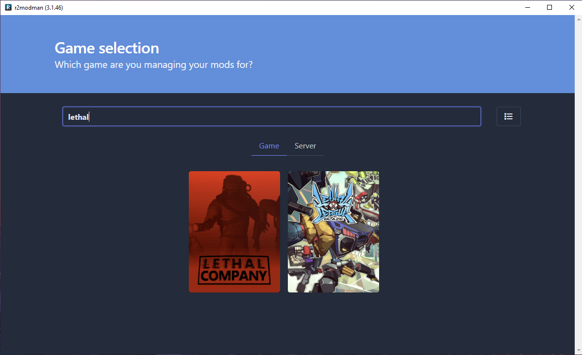 A screenshot of Lethal Company in the r2modman mod manager. 