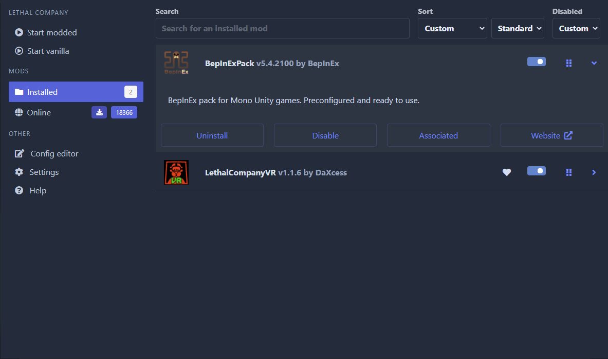 A screenshot of BepInExpPack and LethalCompanyVR mod. 