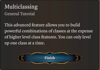A screenshot of the Multiclassing tutorial pop up in Baldur's Gate 3. 