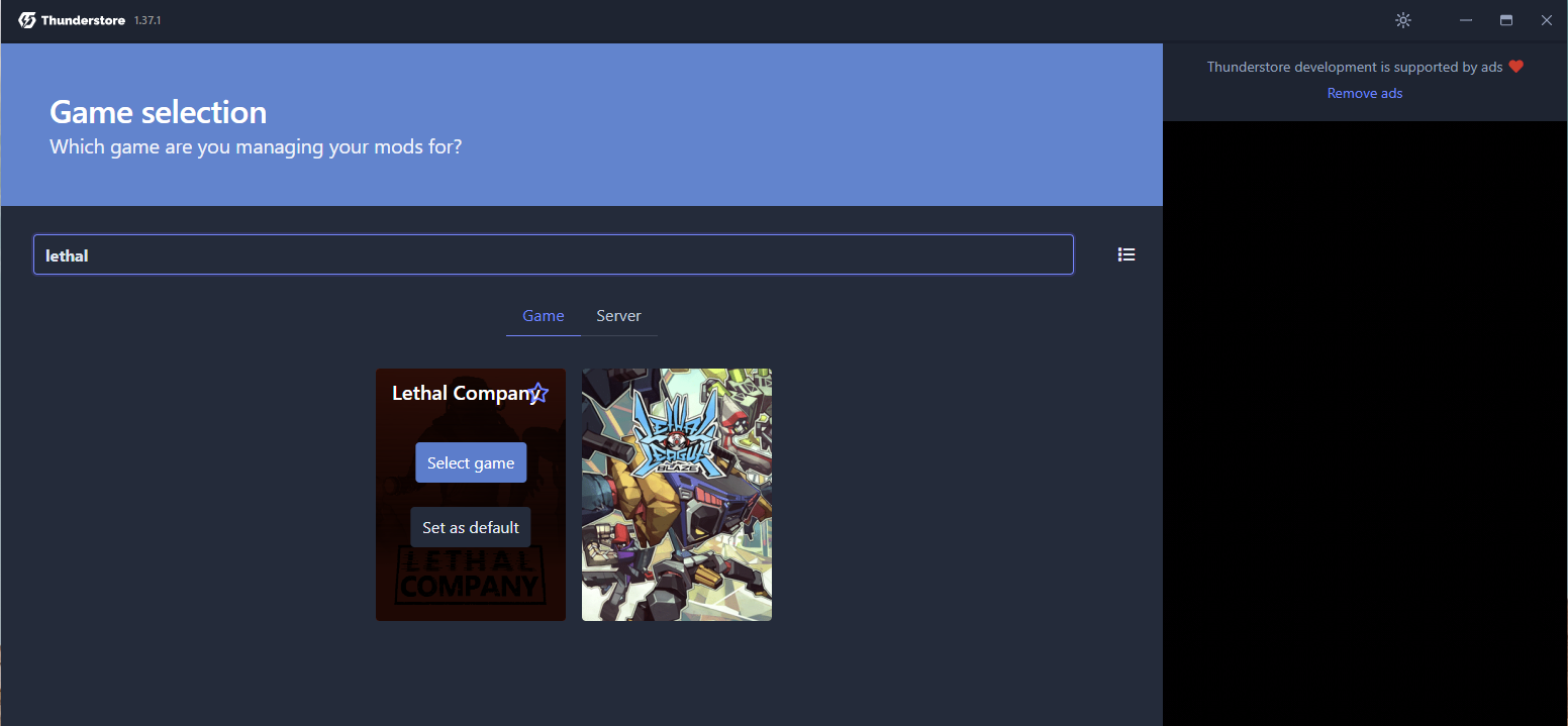 A screenshot of the select game button on the Thunderstore.io mod manager for Lethal Company. 