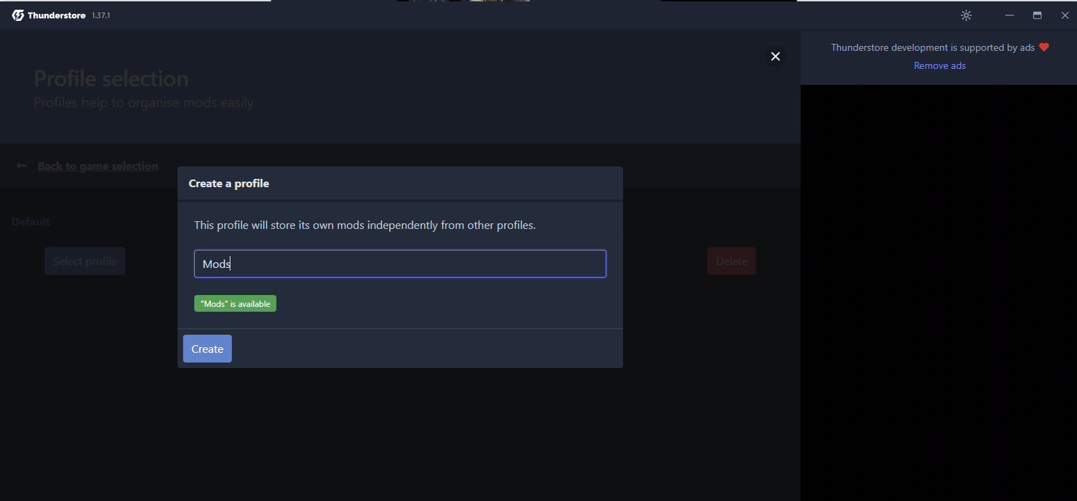 A screenshot of the create a profile window in the Thunderstore.io mod manager. 
