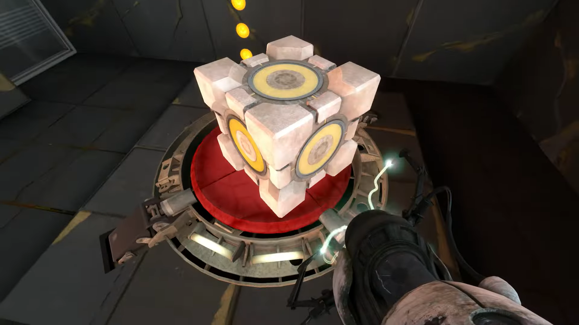 A screenshot of the Cube on a big red button.