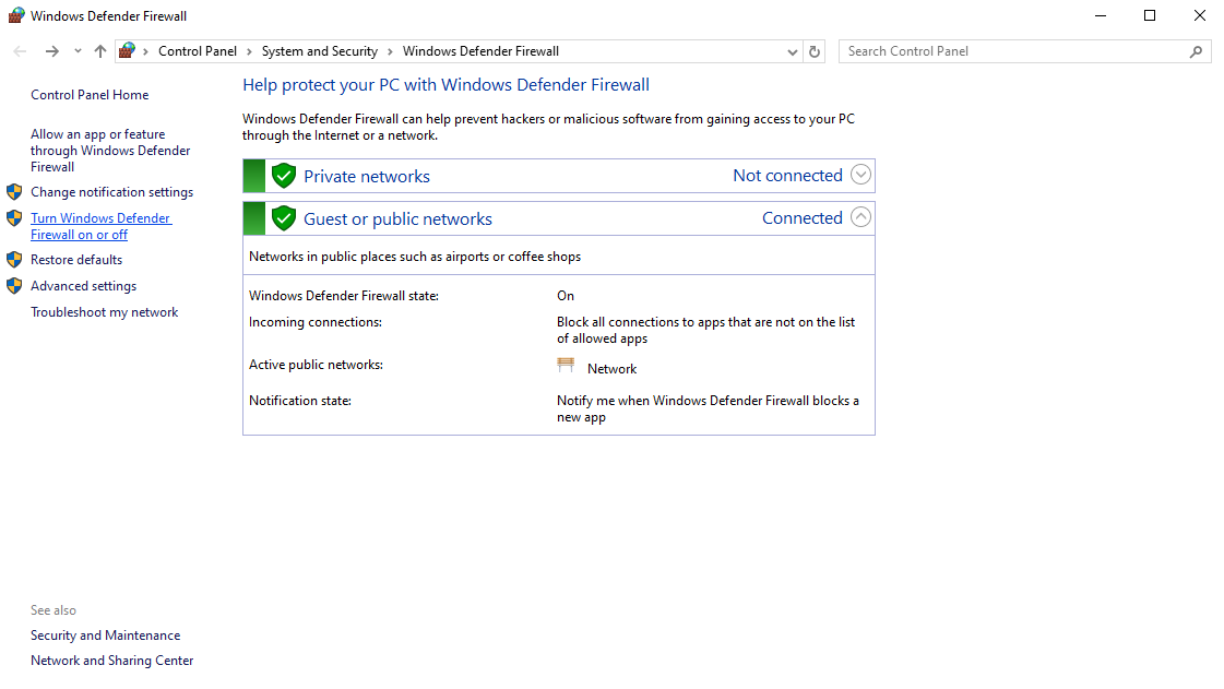 A screenshot of the Windows Defender Firewall. 