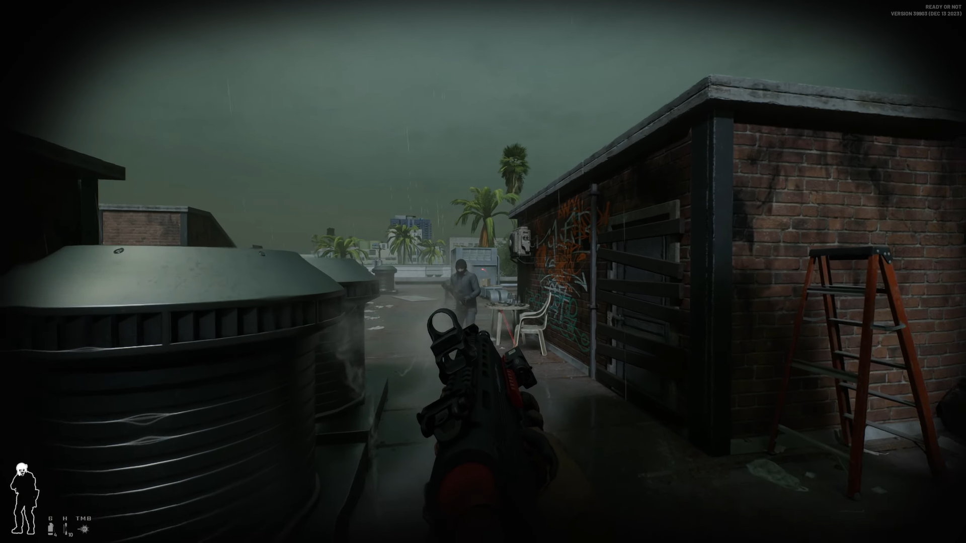 A screenshot of a suspect on the rooftop in the Spider Level. 