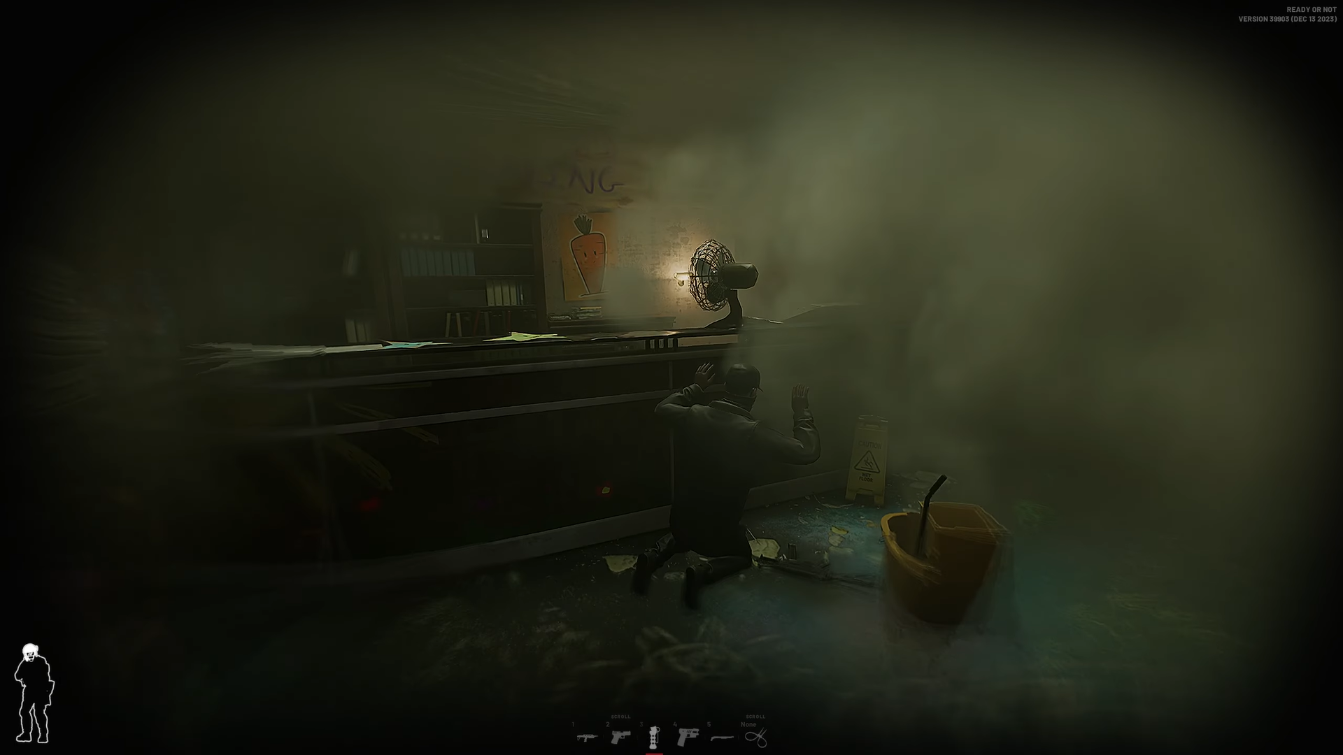 A screenshot of the Brixley Talent Time lobby covered in smoke. 