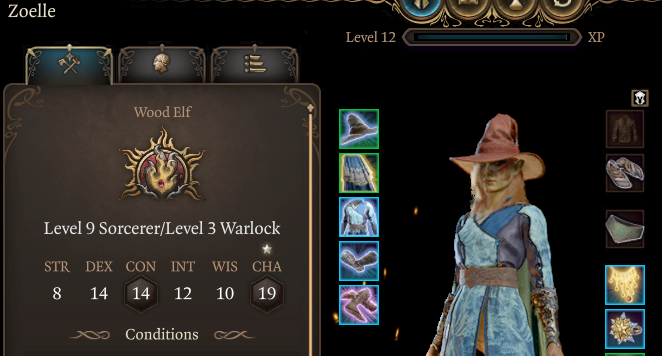 A screenshot of a Sorcerrer and Warlock multiclass in Baldur's Gate 3. 
