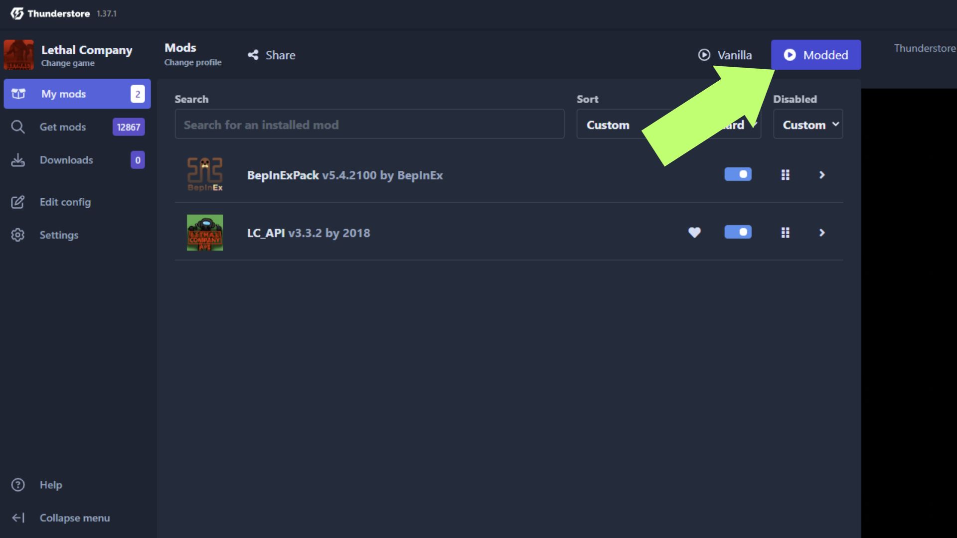 A screenshot of the Modded button on the Thunderstore.io mod manager. 