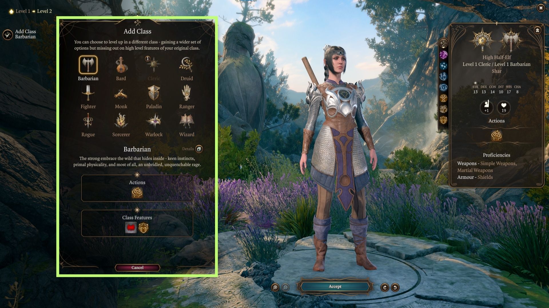 A screenshot of the Add Class window in the level up menu in Baldur's Gate 3. 